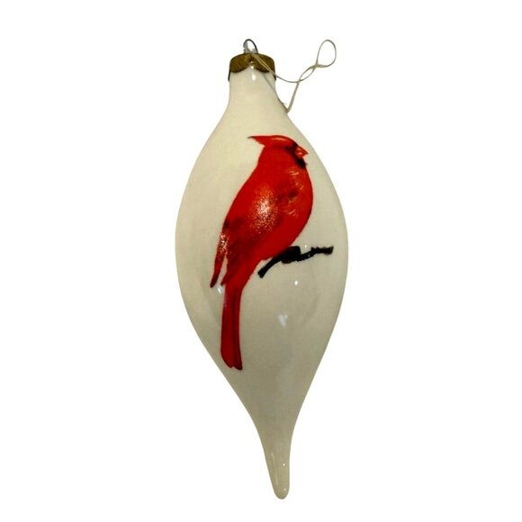 Hand-Painted Cardinal Glass Ornament Teardrop Shape Winter Scene Made In USA Hol - Picture 3 of 6